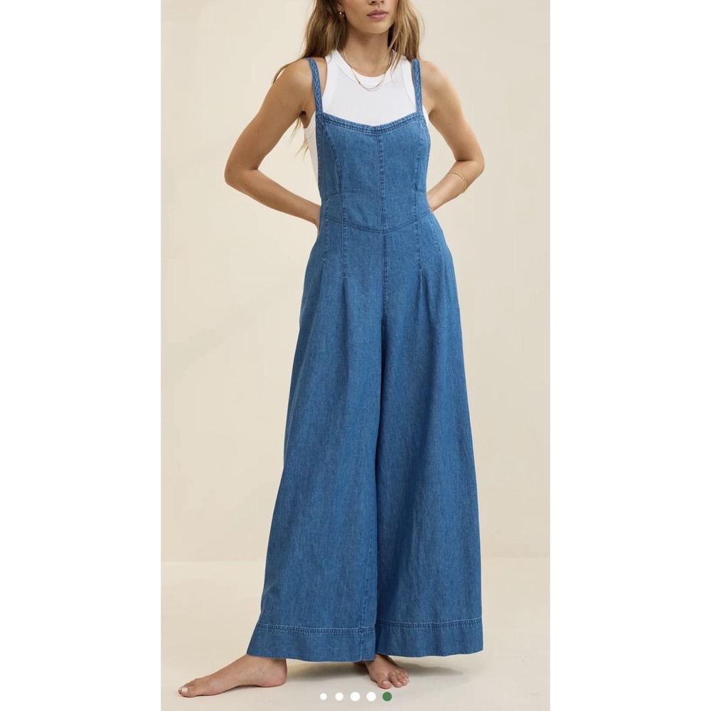 Aerie Relaxed Denim Jumpsuit XL Blue WideLeg Overalls Baggy Boho Hippie Festival